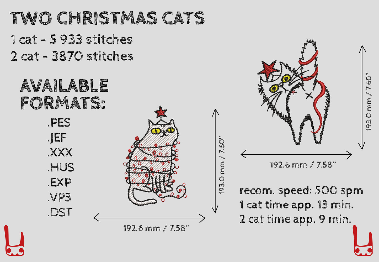 Two holiday cat embroidery designs tangled in garland
