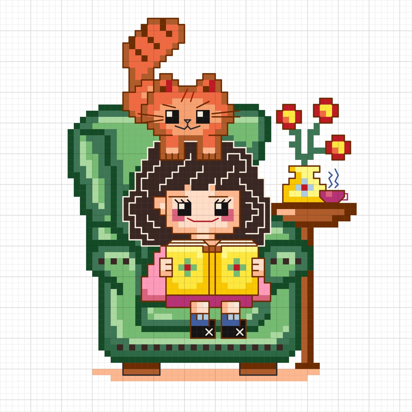 Cute girl in chair with book PDF cross stitch pattern