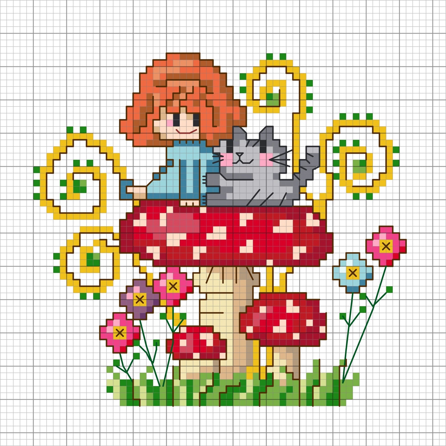 Girl on mushroom PDF cross stitch pattern