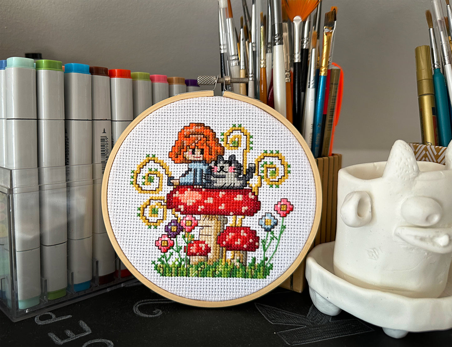 Girl on mushroom PDF cross stitch pattern