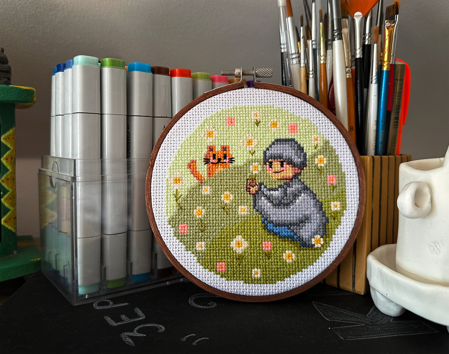 Boy with cat PDF cross stitch pattern