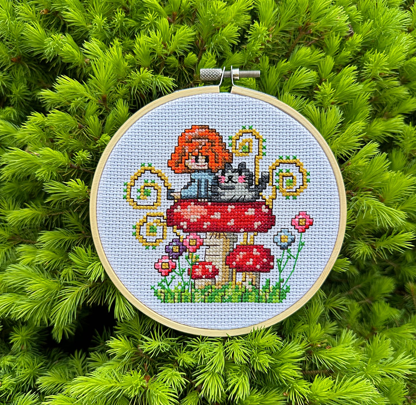 Girl on mushroom PDF cross stitch pattern