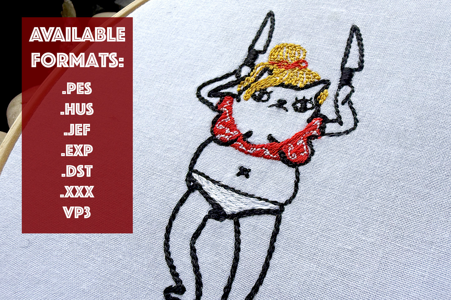 Embroidered cat mimicking Britney Spears in iconic knife dance look