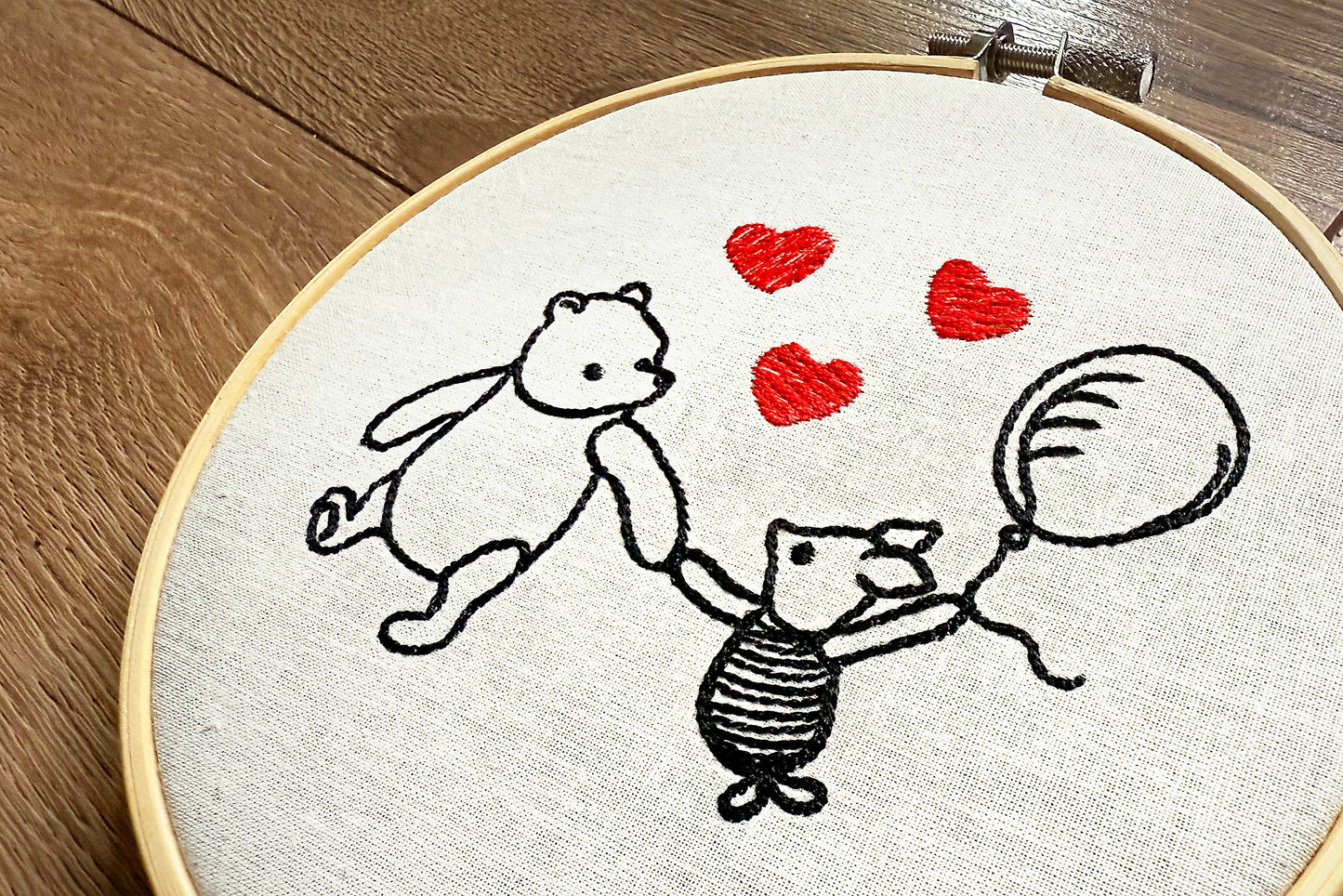 Cute friendship embroidery pattern for gift, framed in hoop