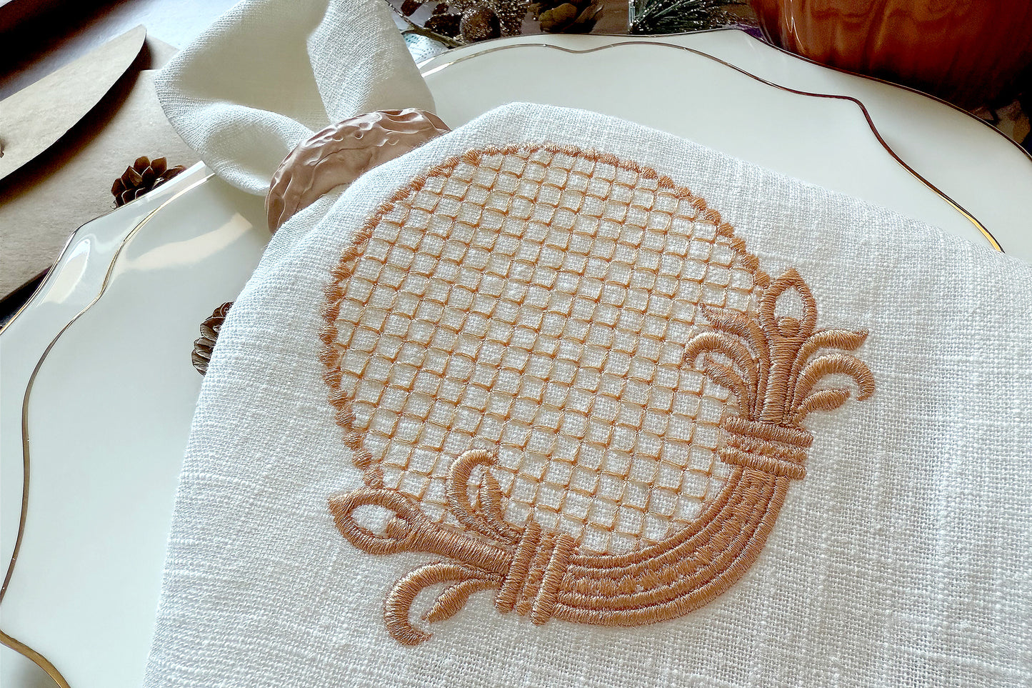 Elegant machine embroidery frame design with vintage details on table setting