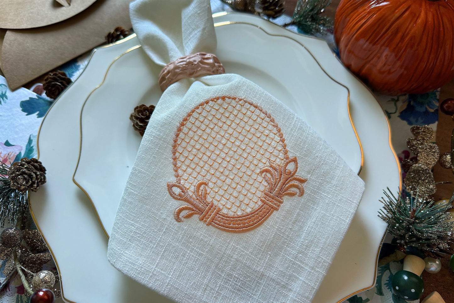 Vintage-inspired embroidery frame for monogramming on fine table linen