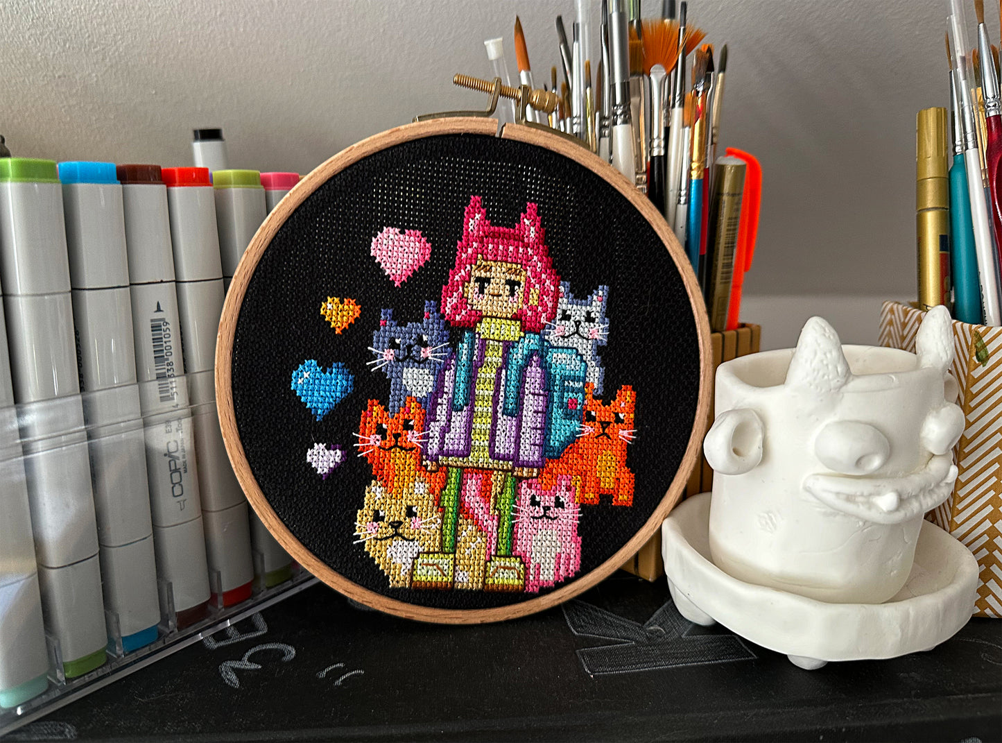 Neon Cat Girl PDF cross stitch pattern