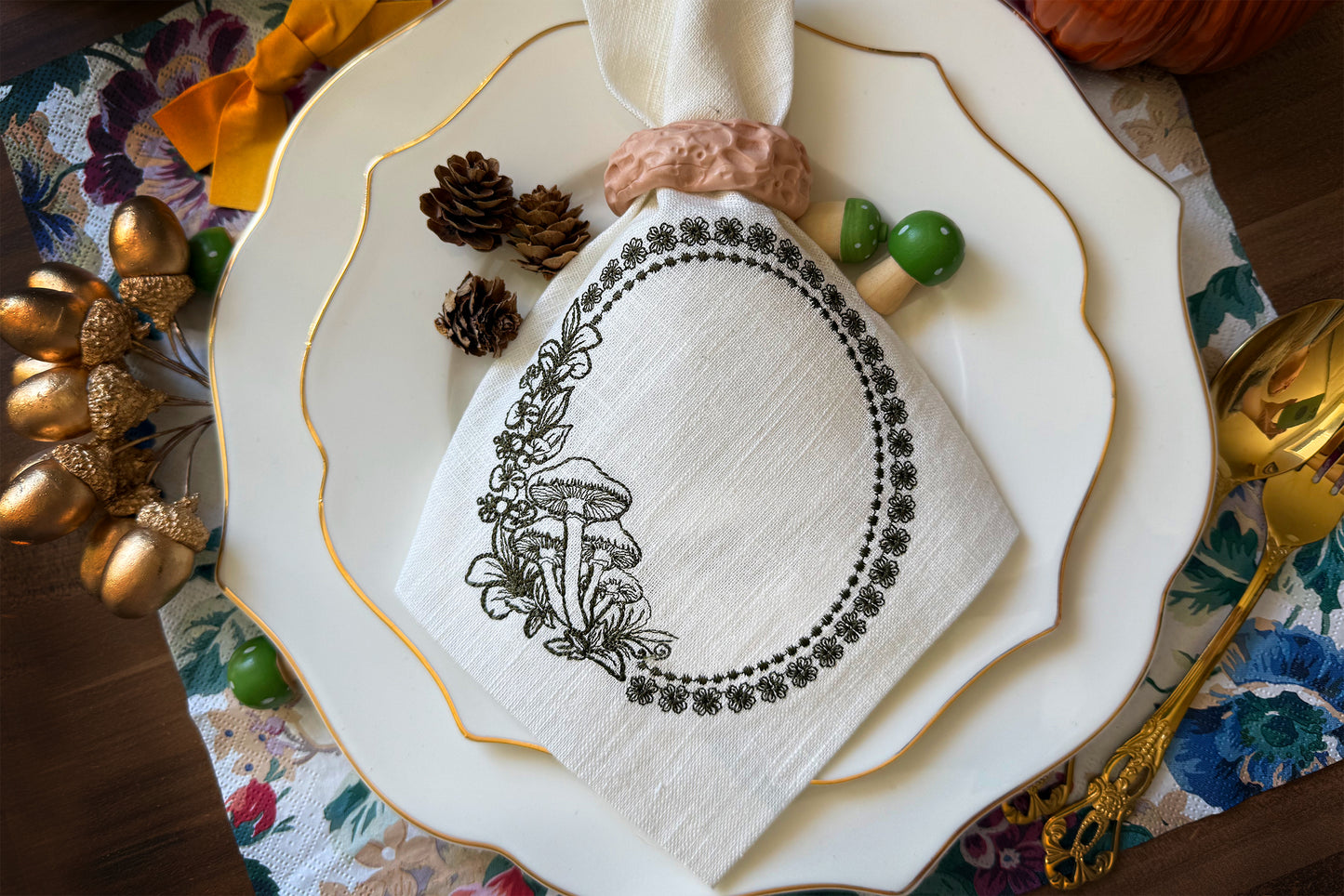 Elegant mushroom and flower embroidery pattern in oval shap