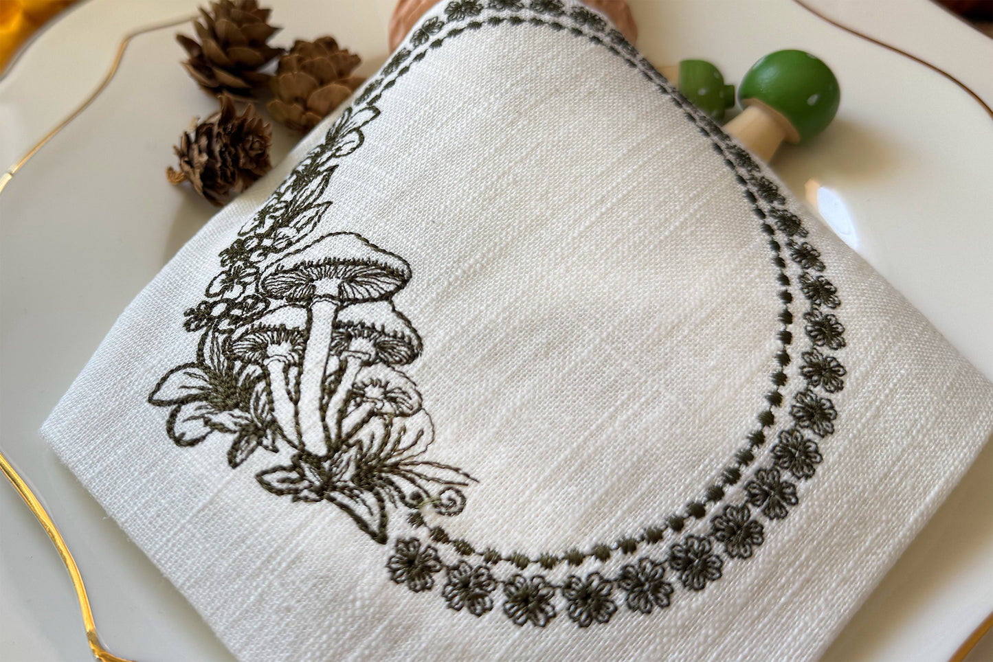 Autumn embroidery design featuring floral and mushroom details
