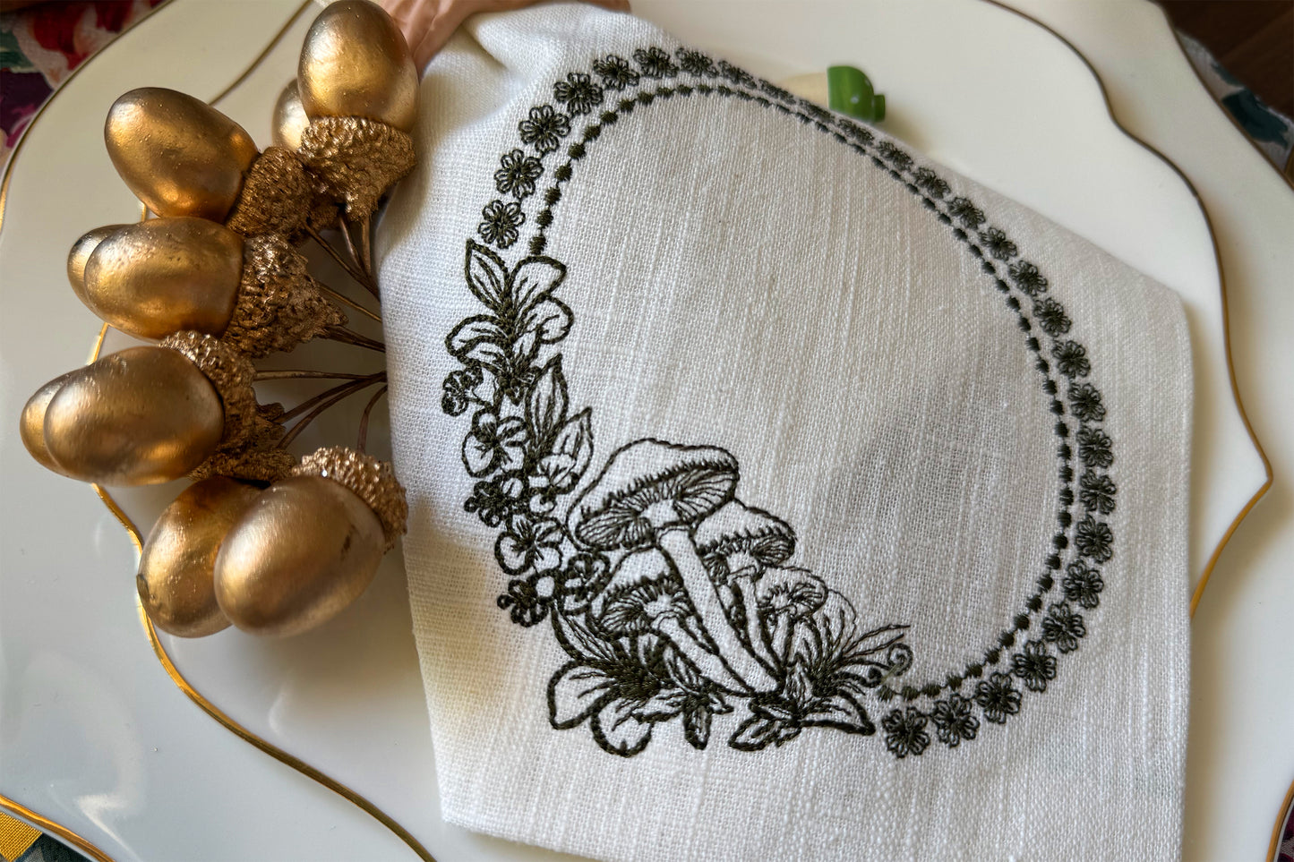 Oval machine embroidery frame with flowers and mushrooms
