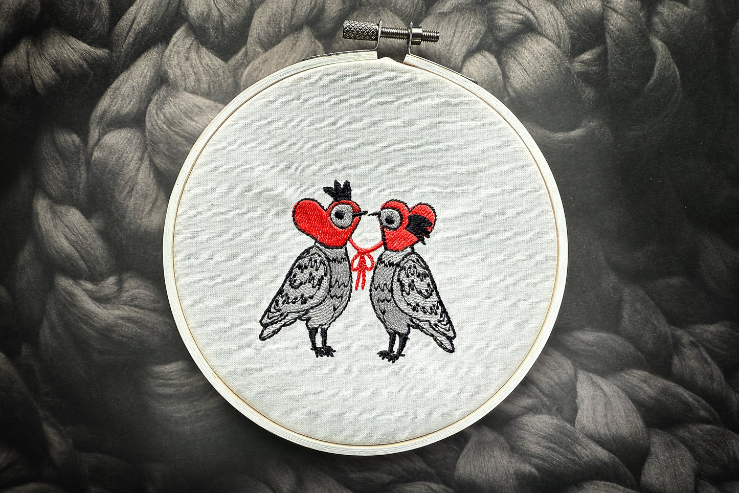 Unique modern embroidery design with birds and red bow