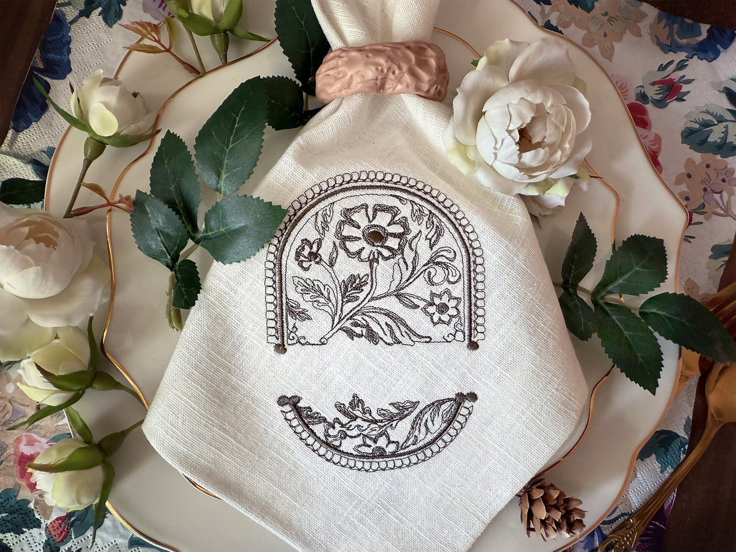 Decorative oval embroidery design for weddings and heirlooms