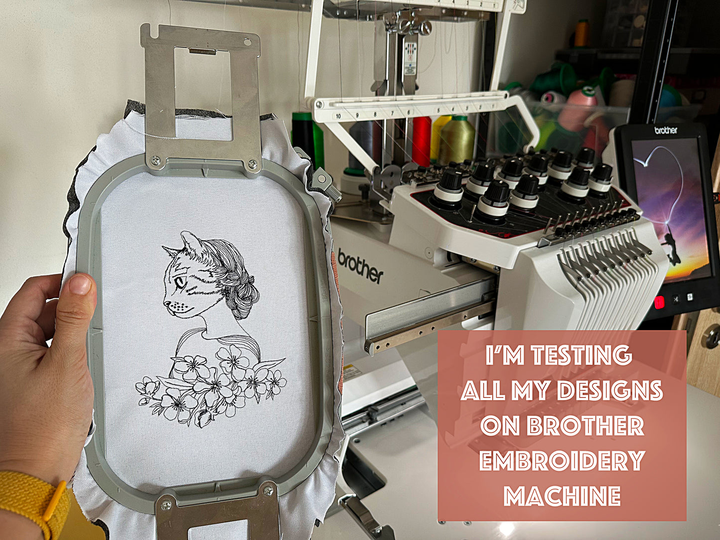 Lady cat one line machine embroidery digital design