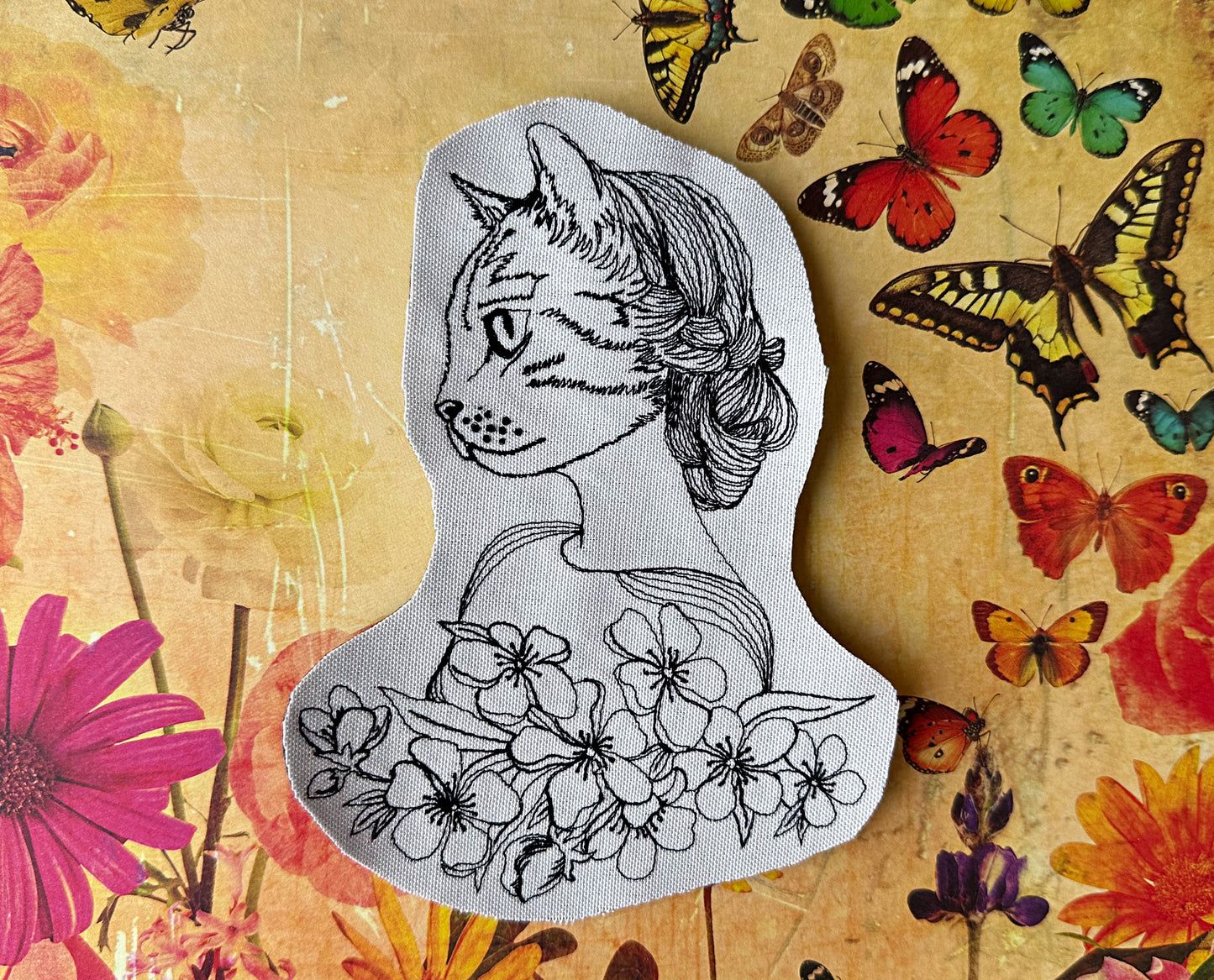 Lady cat one line machine embroidery digital design