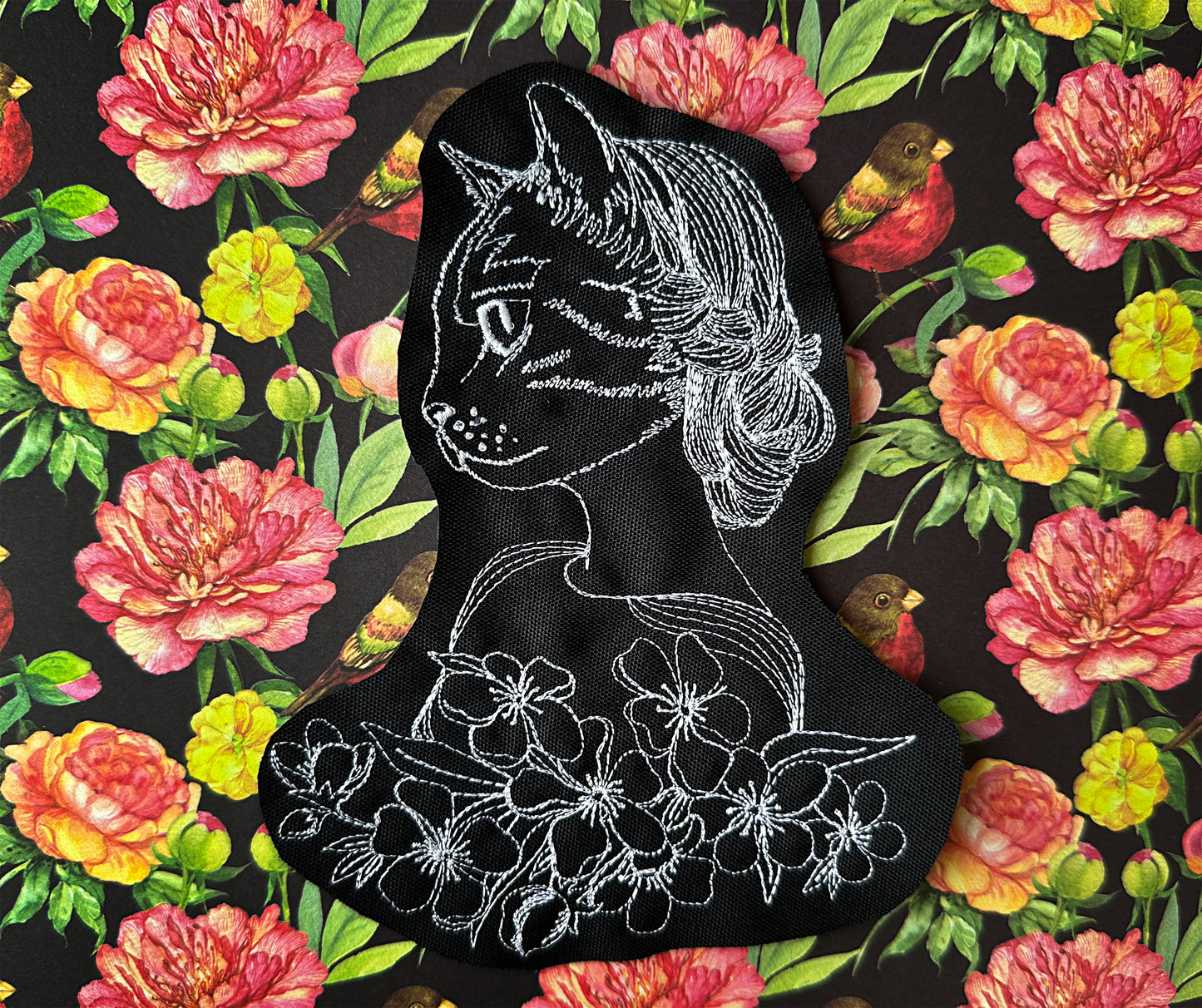 Lady cat one line machine embroidery digital design