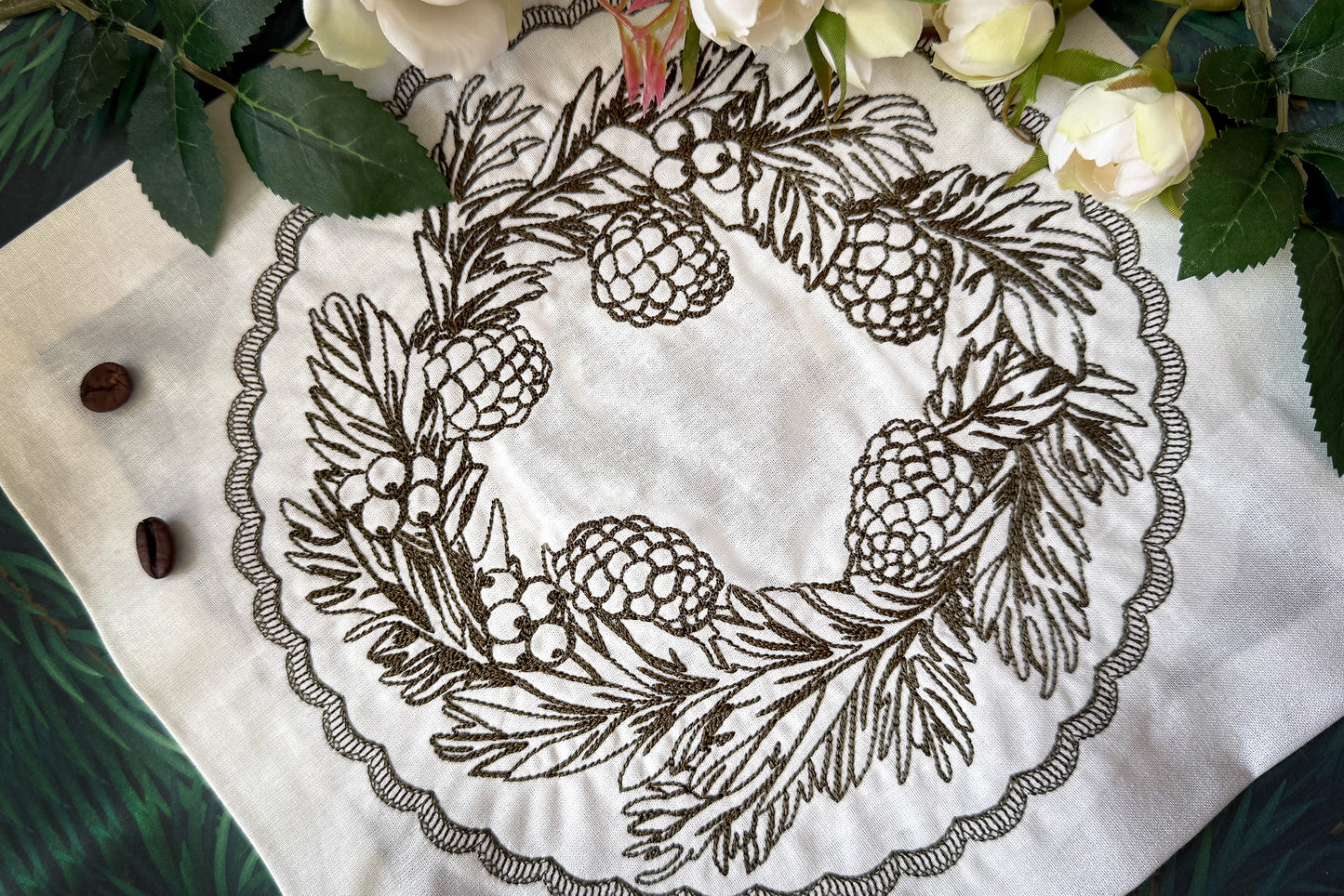 Christmas Machine Embroidery Frame with Pine Cones and Berries