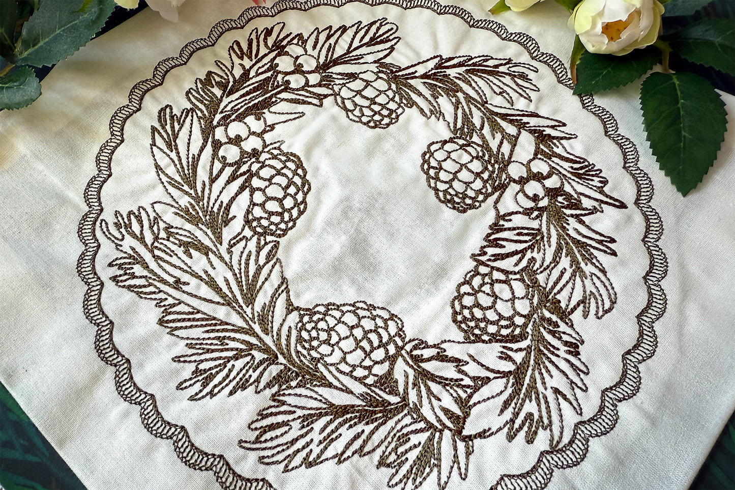 Christmas Machine Embroidery Frame with Pine Cones and Berries