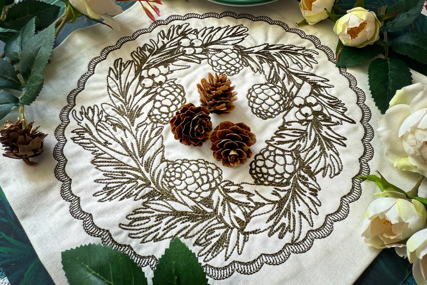 Christmas Machine Embroidery Frame with Pine Cones and Berries