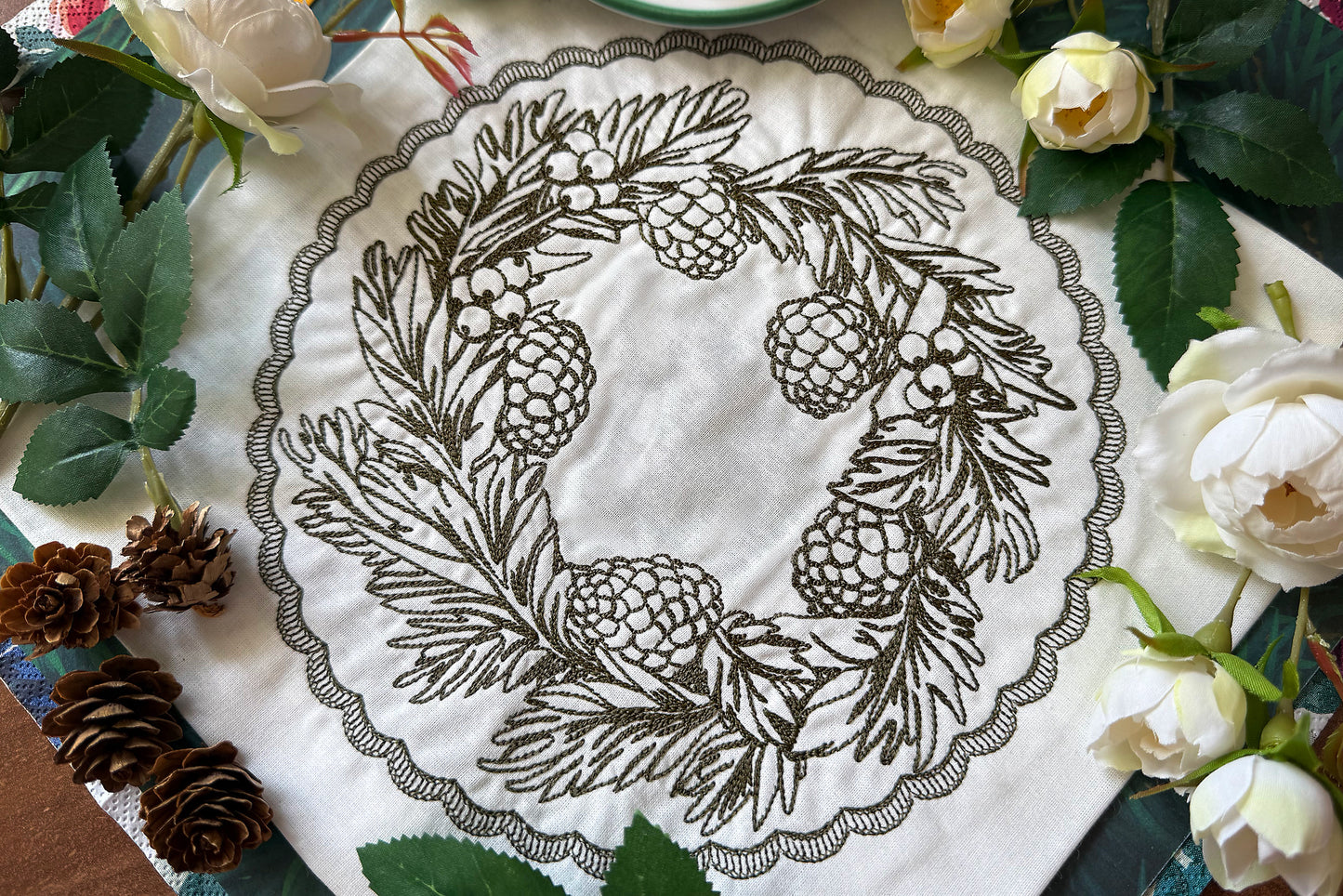 Christmas Machine Embroidery Frame with Pine Cones and Berries