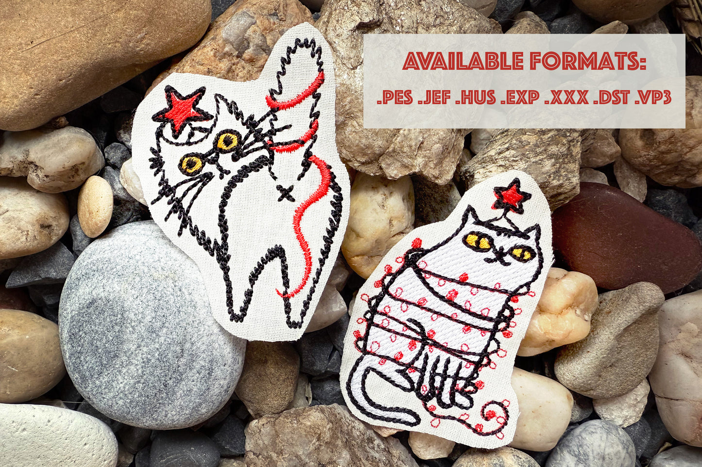 Funny Christmas cat machine embroidery with lights and star