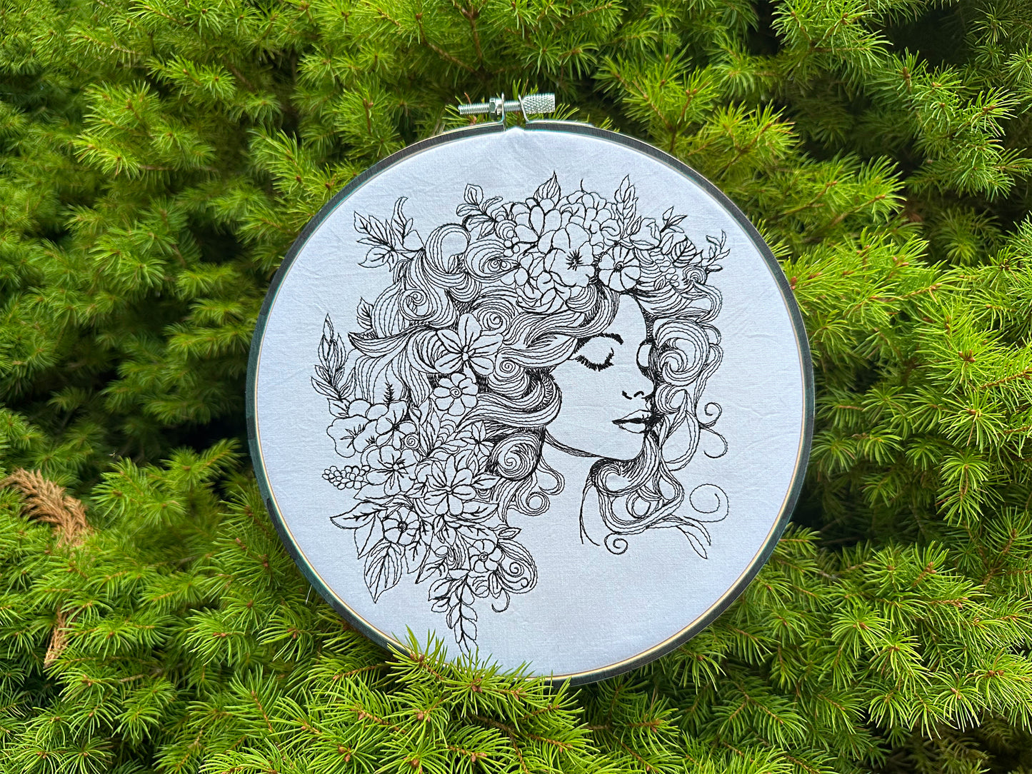 Lady face in flowers machine embroidery digital design