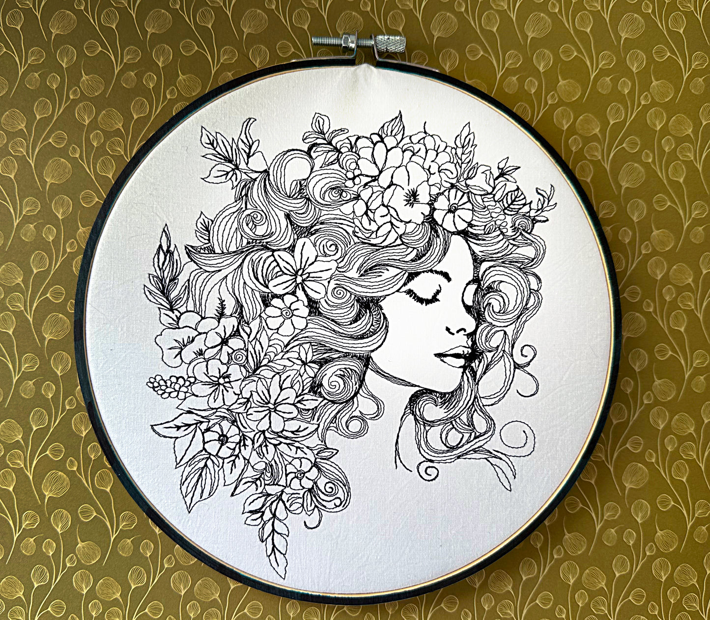 Lady face in flowers machine embroidery digital design