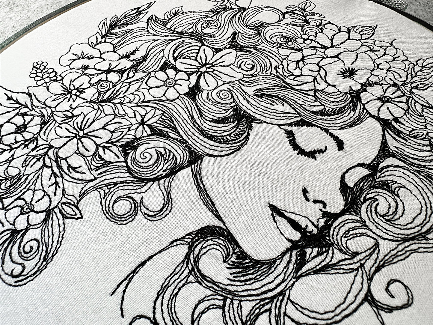 Lady face in flowers machine embroidery digital design