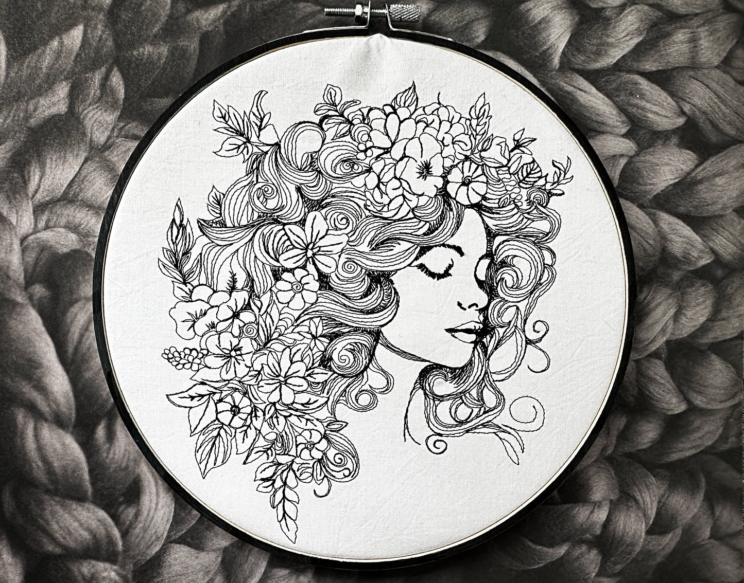 Lady face in flowers machine embroidery digital design