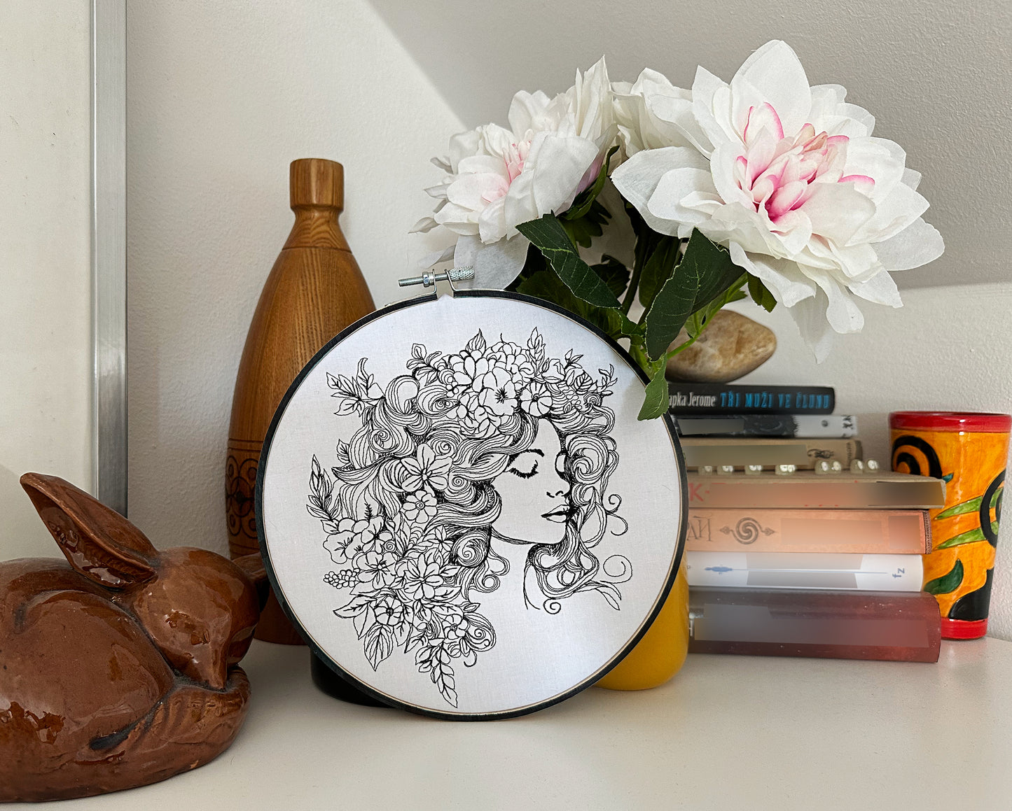 Lady face in flowers machine embroidery digital design