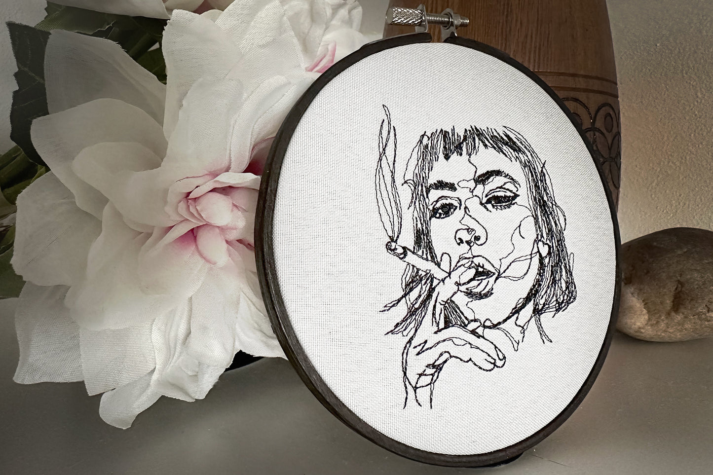 Girl with a cigarette machine embroidery design