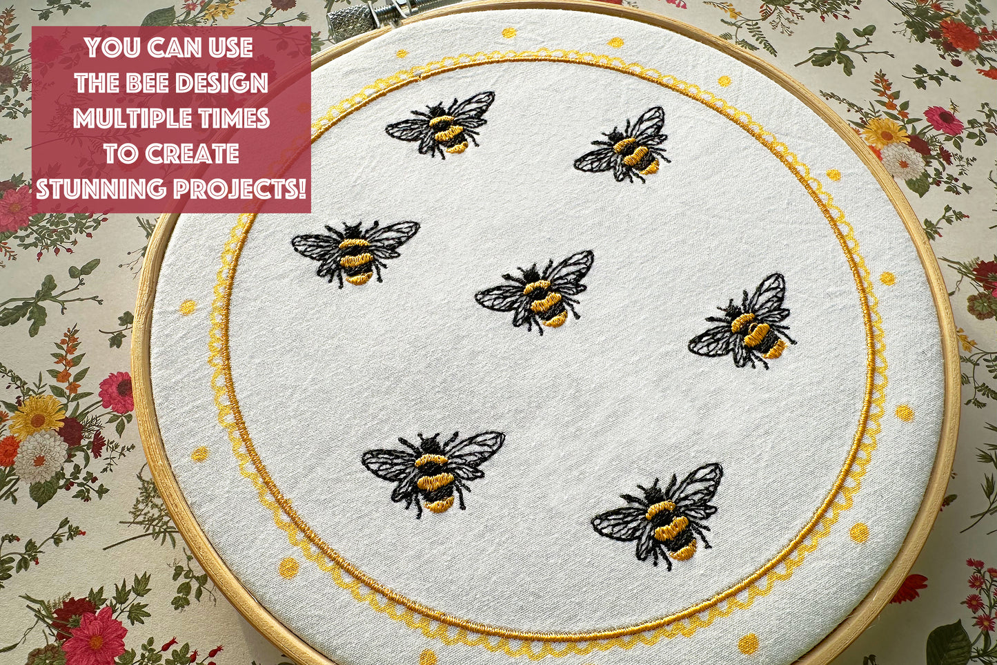 Design inspiration – multiple bees stitched from one file in different orientations
