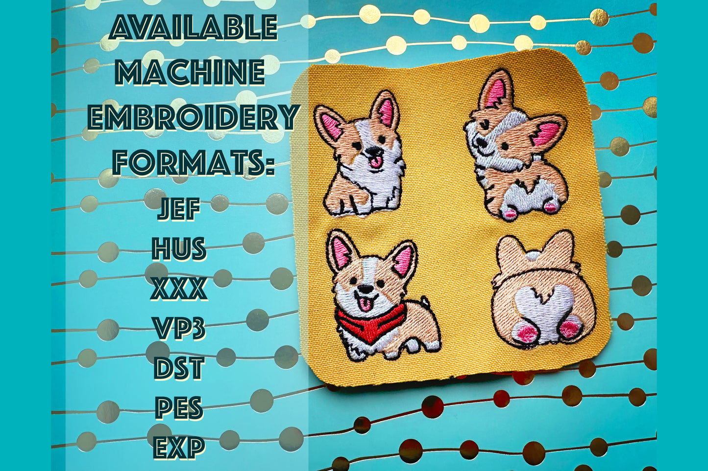 Digital corgi embroidery files for beginners – fun dog motifs