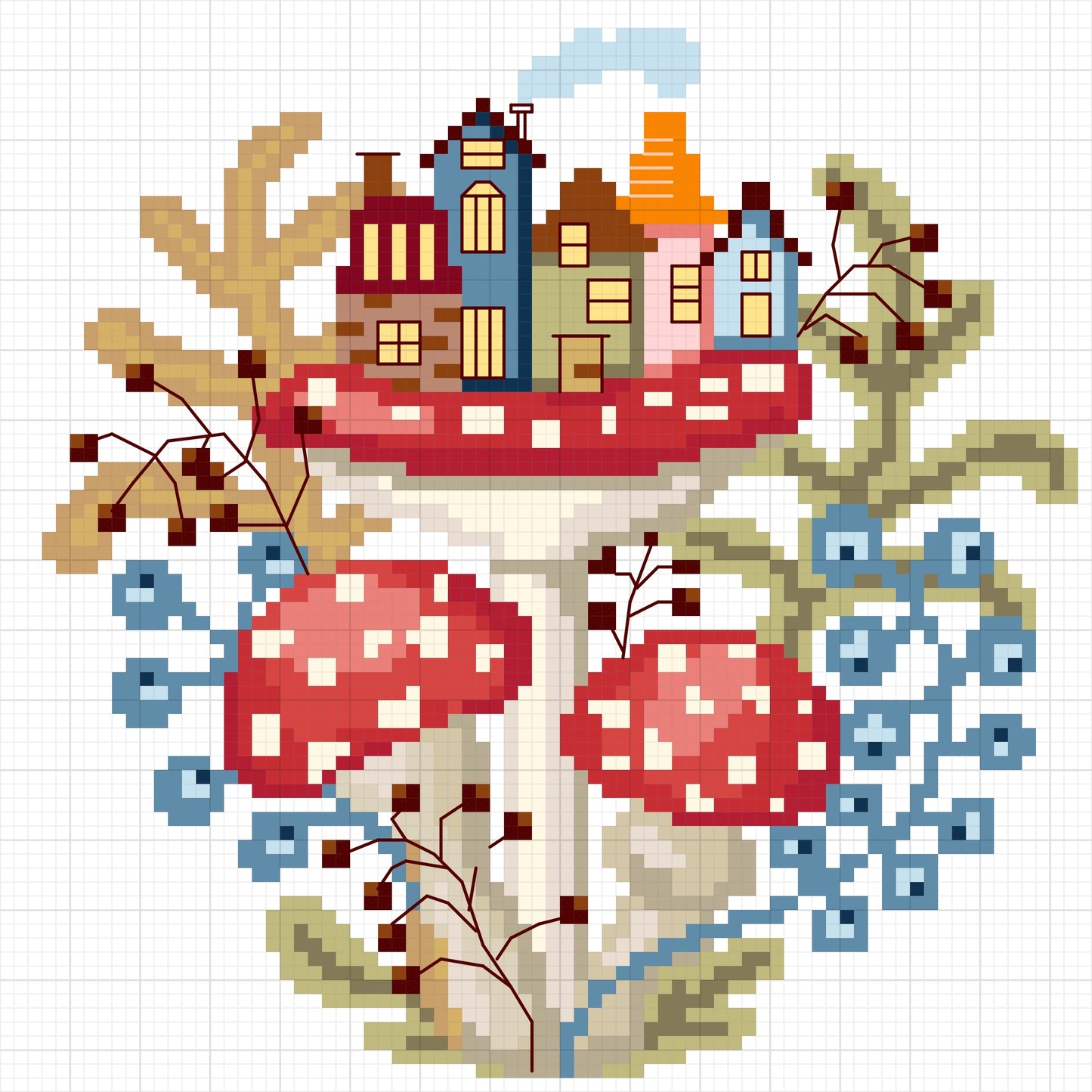 Mushroom city PDF cross stitch pattern