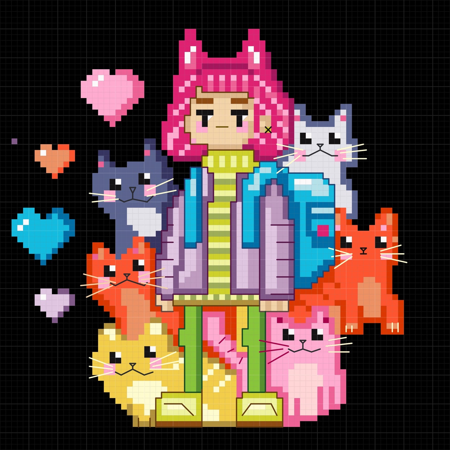 Neon Cat Girl PDF cross stitch pattern