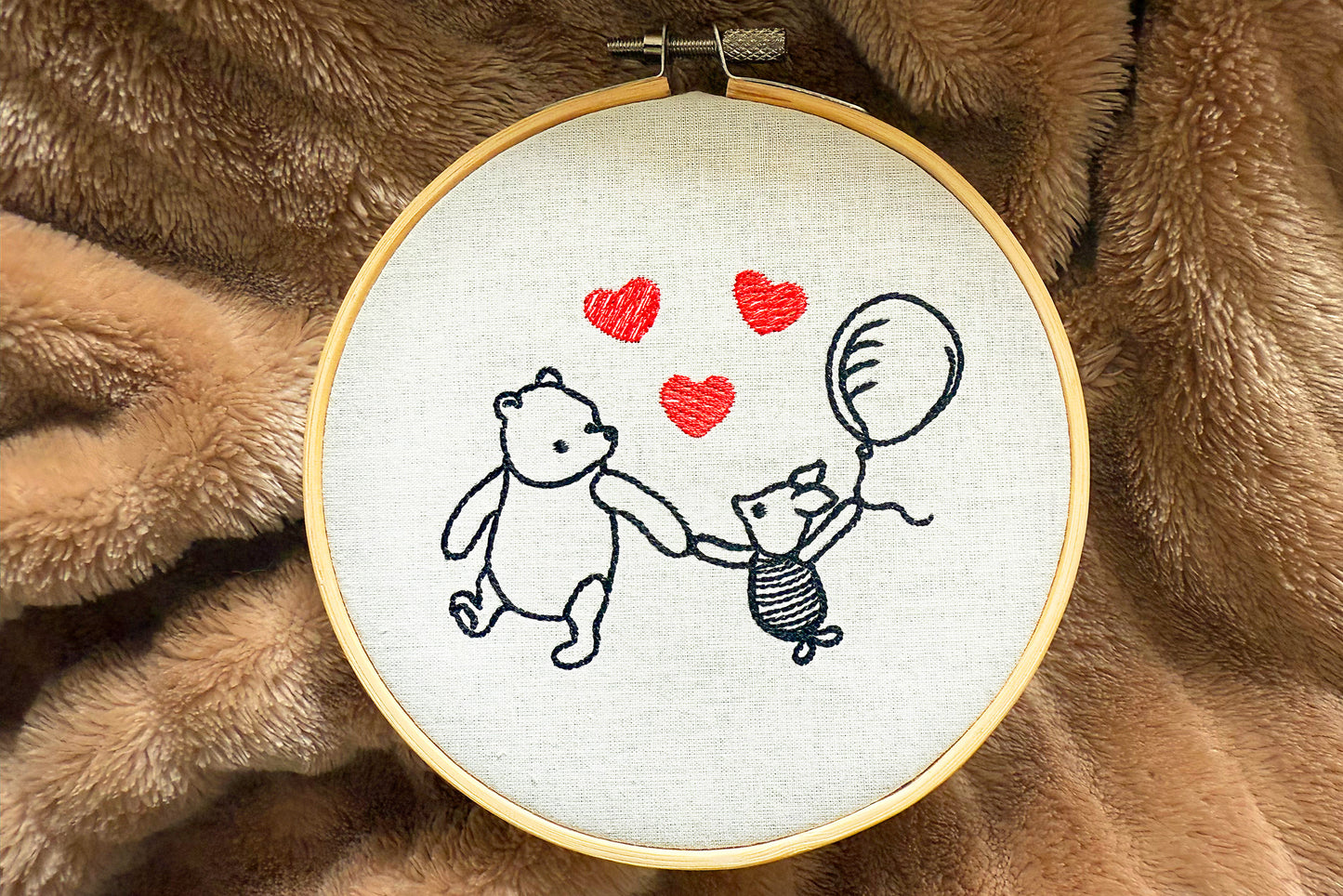 Minimalist Pooh and Piglet stitched design with balloon and hearts