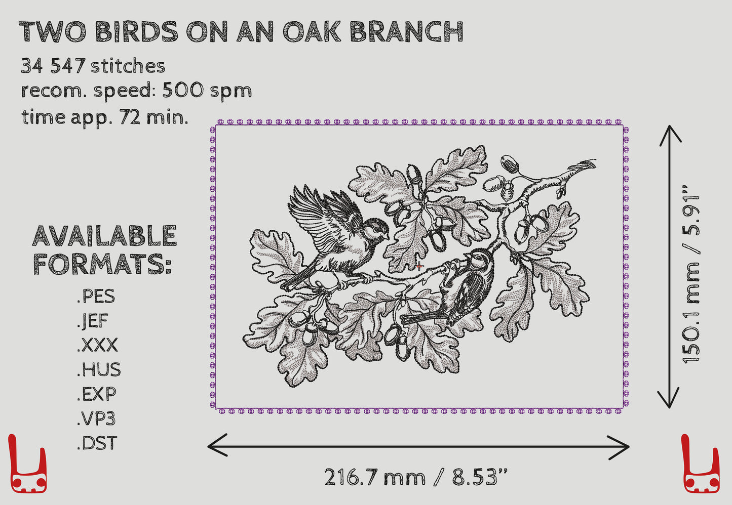 Detailed oak branch embroidery with flying bird and perched bird size chart
