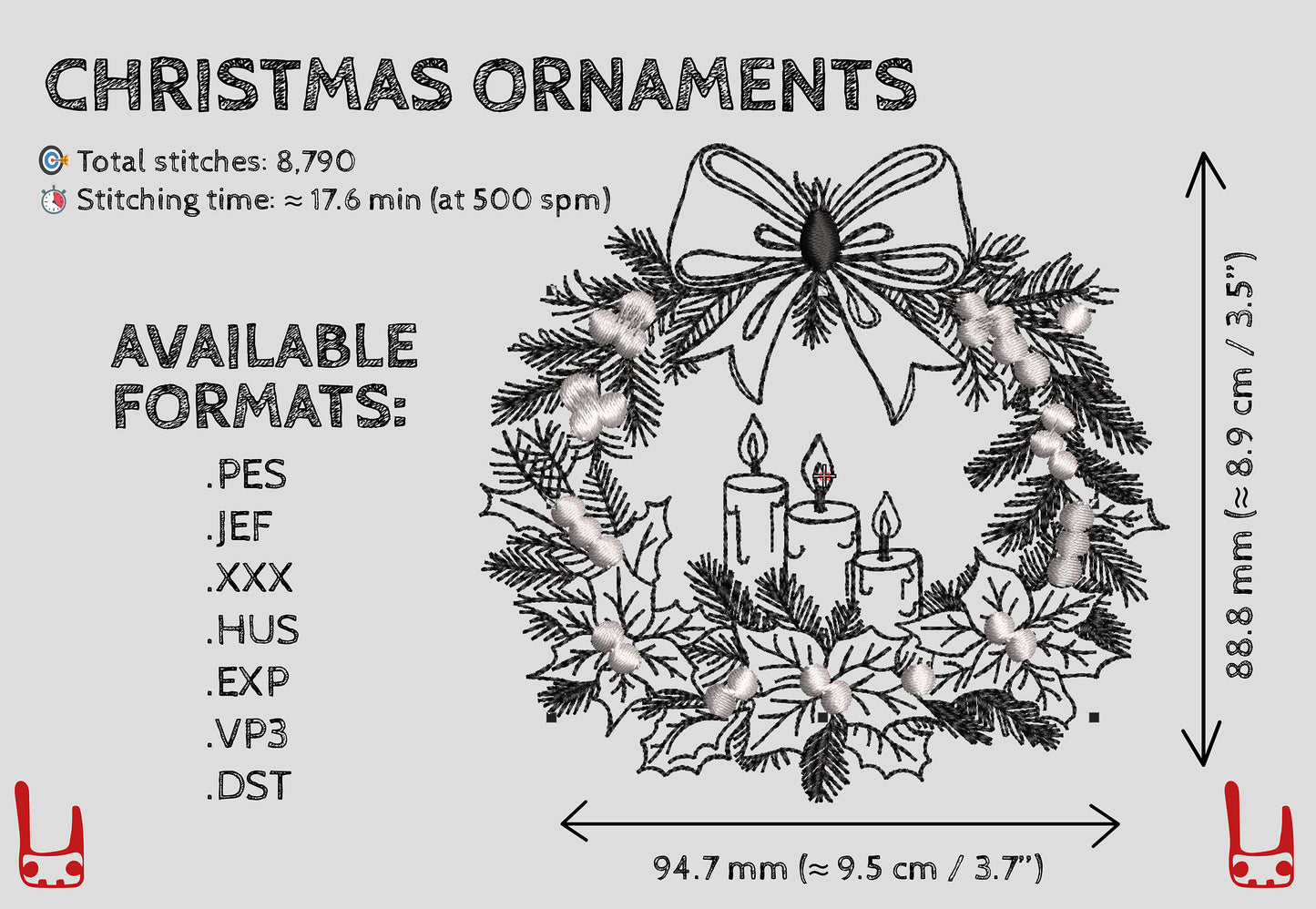 Christmas Candle Embroidery Design – Holiday Wreath with Bow, Holly and Berries