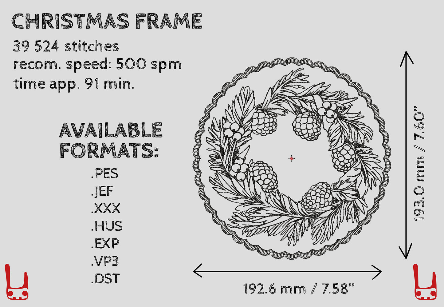 Christmas Machine Embroidery Frame with Pine Cones and Berries