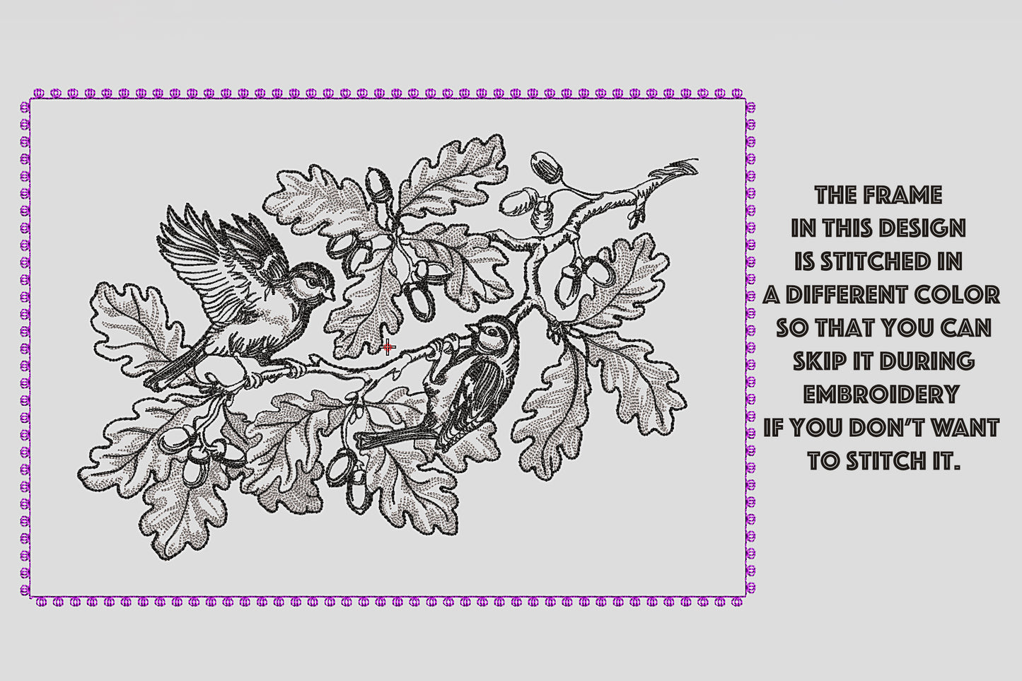 Detailed oak branch embroidery with flying bird and perched bird