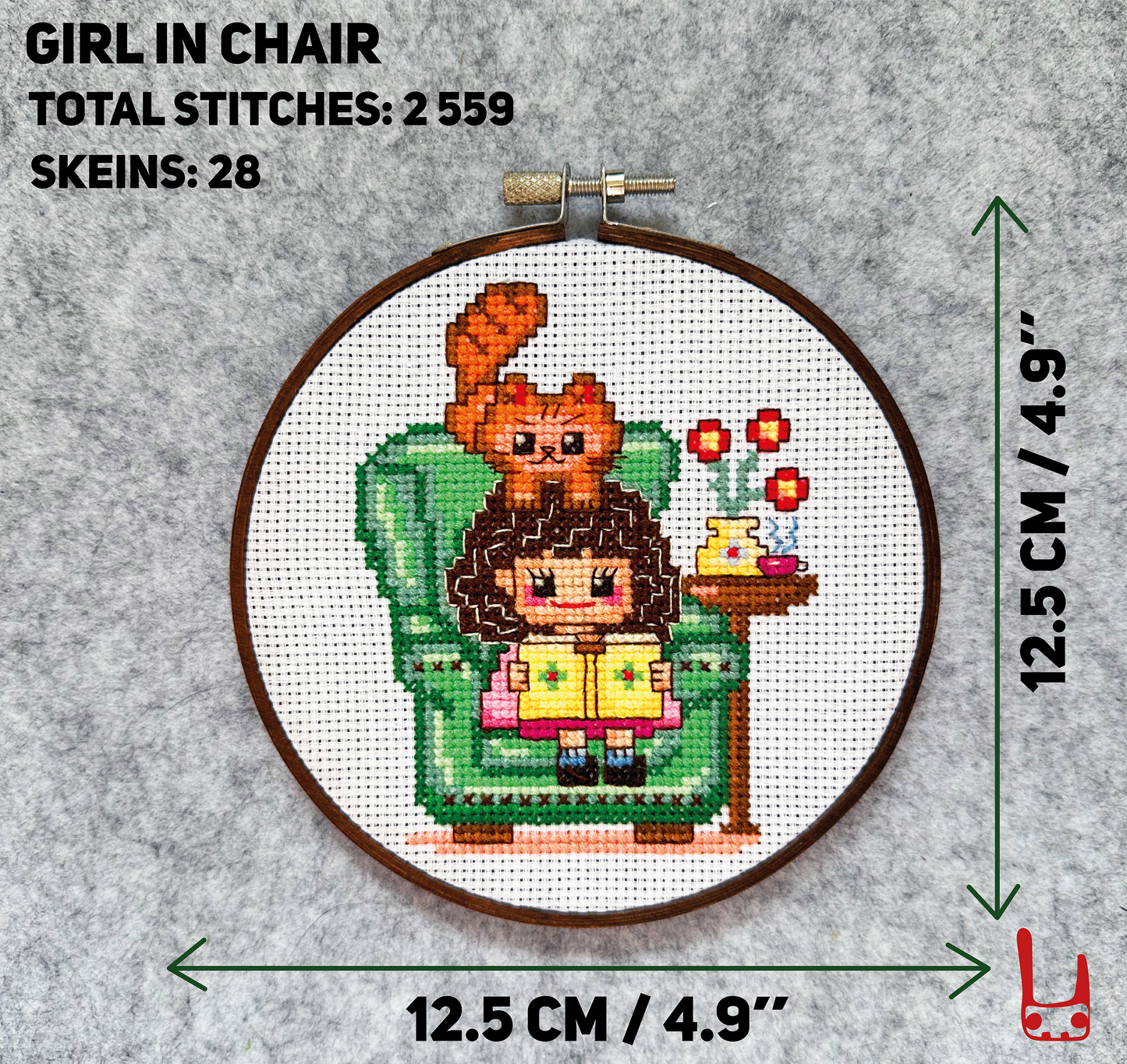 Cute girl in chair with book PDF cross stitch pattern