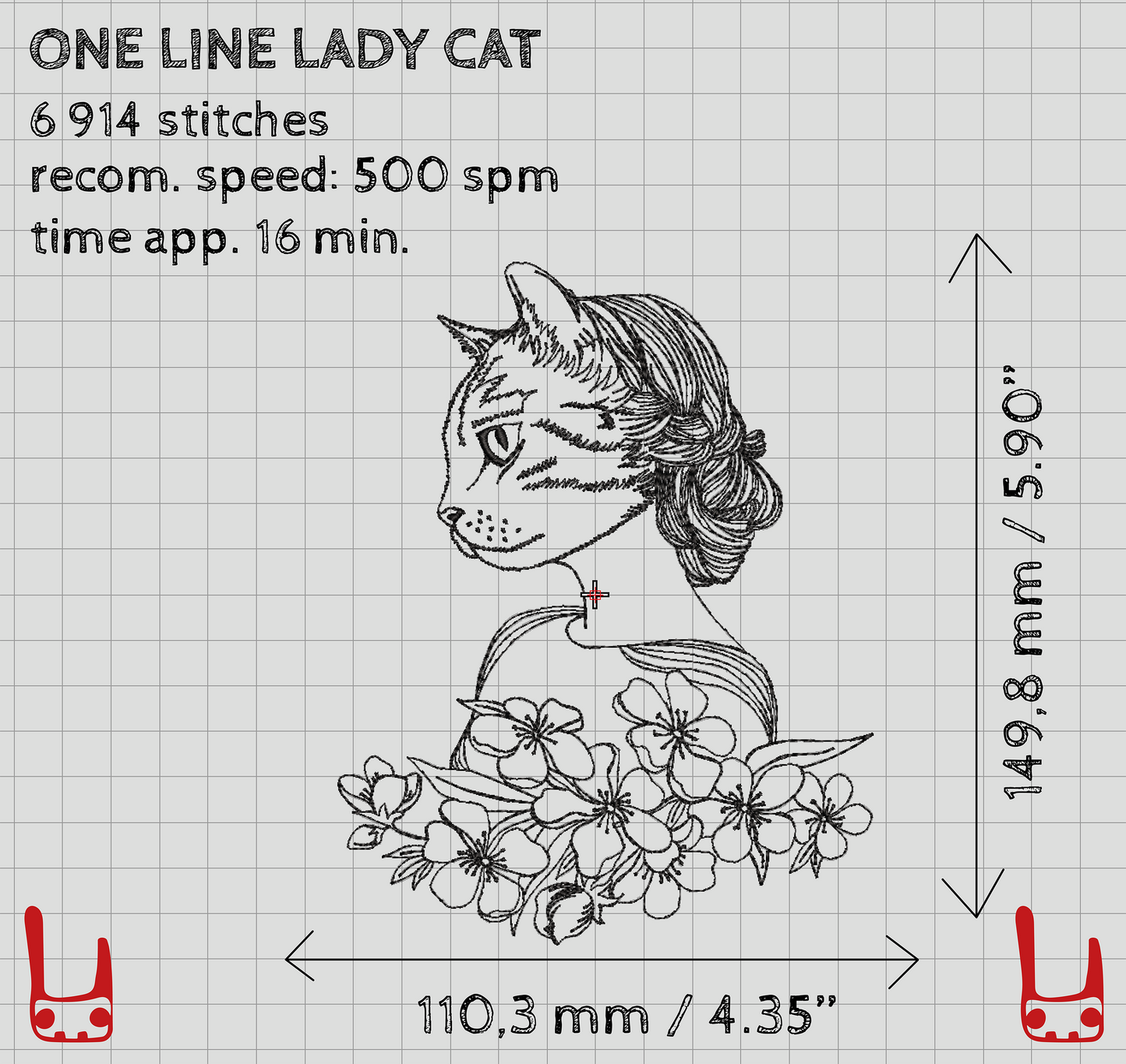 Lady cat one line machine embroidery digital design