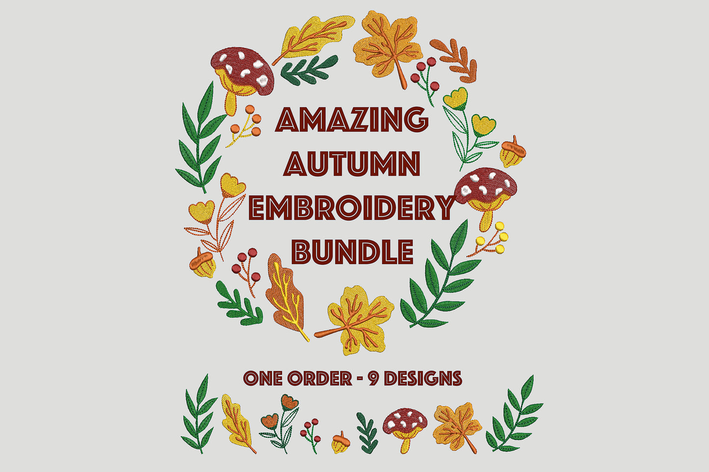 Promotional graphic for an autumn embroidery bundle with leaves, mushrooms, and flowers on a light gray background.