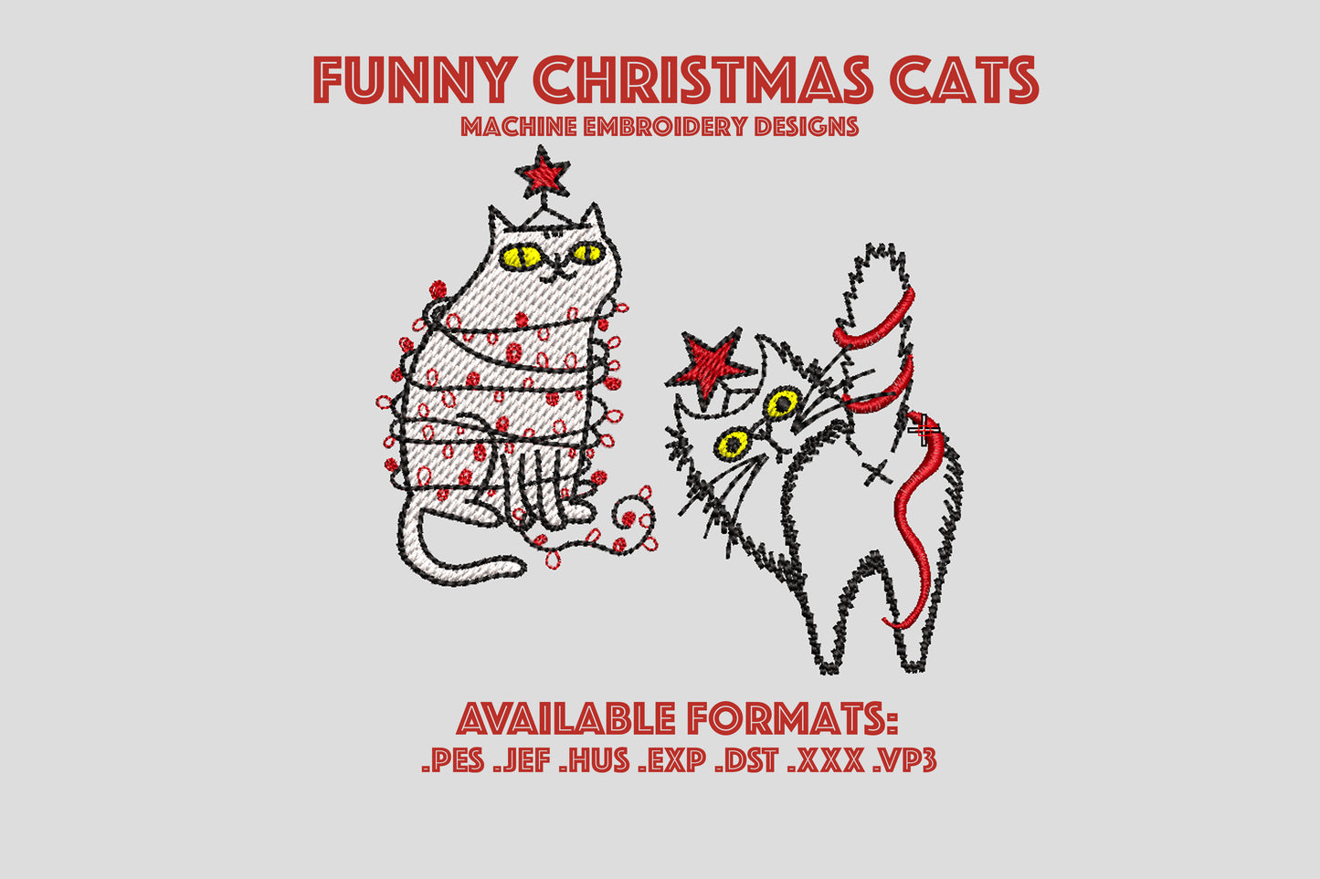 Funny Christmas Cats Machine Embroidery Set – Two Holiday Designs with Lights and Stars
