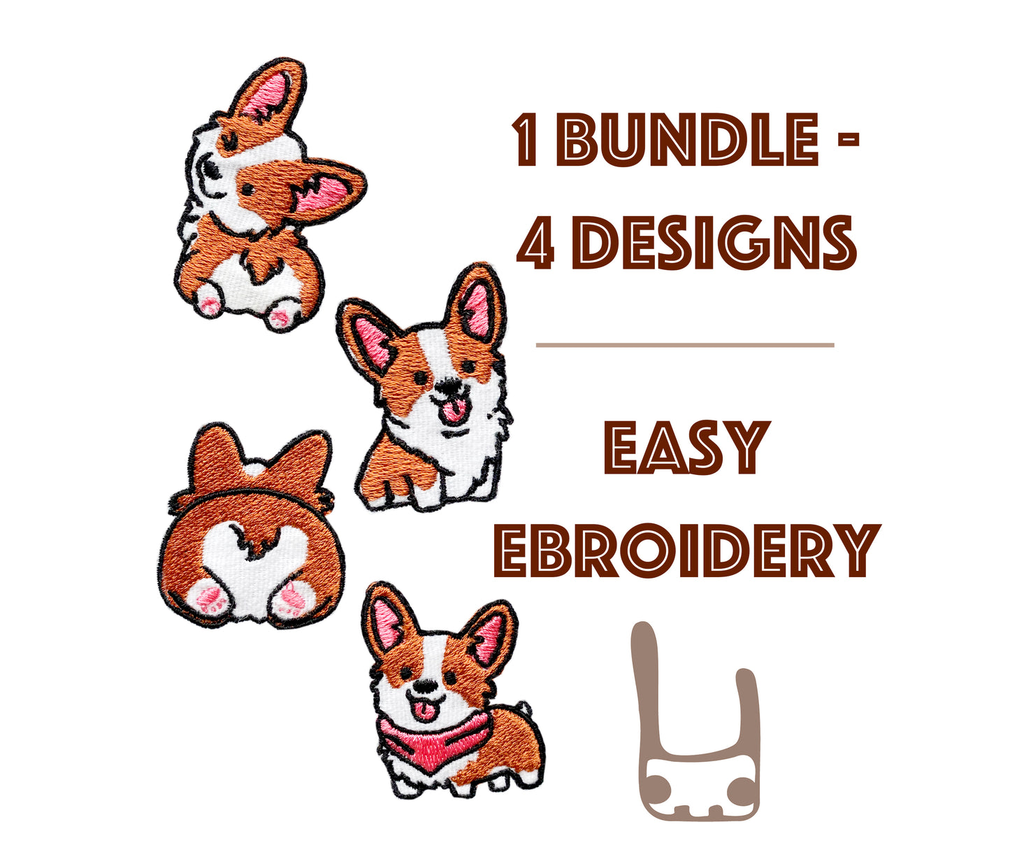 Set of four cute corgi machine embroidery designs in cartoon style