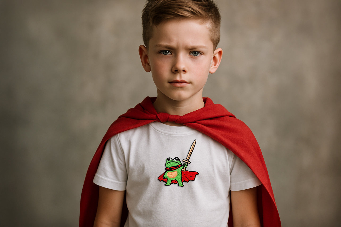 Child wearing a red cape and superhero t-shirt with a frog character on a plain background