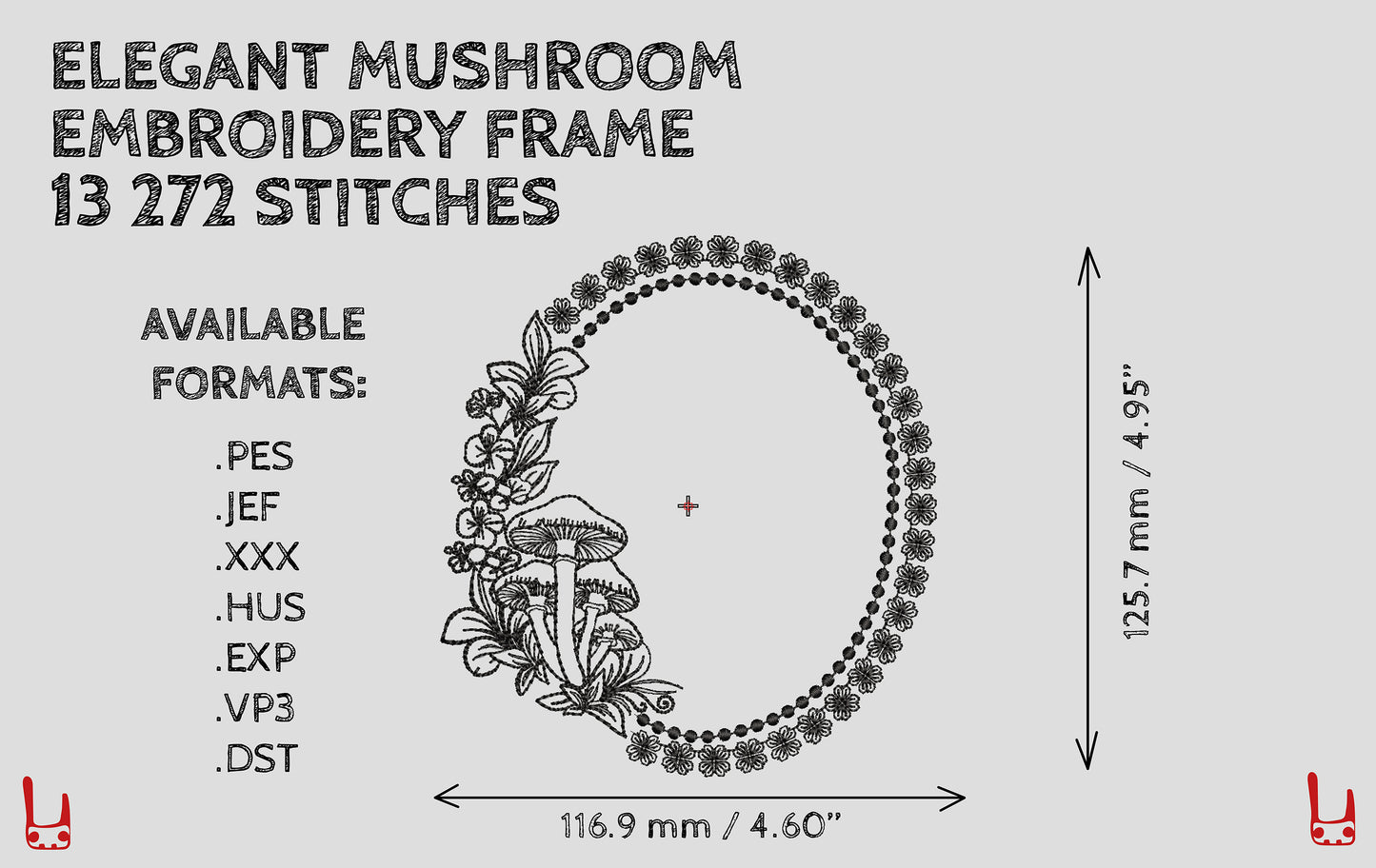 Elegant Frame with Mushrooms Machine Embroidery Design for monogram