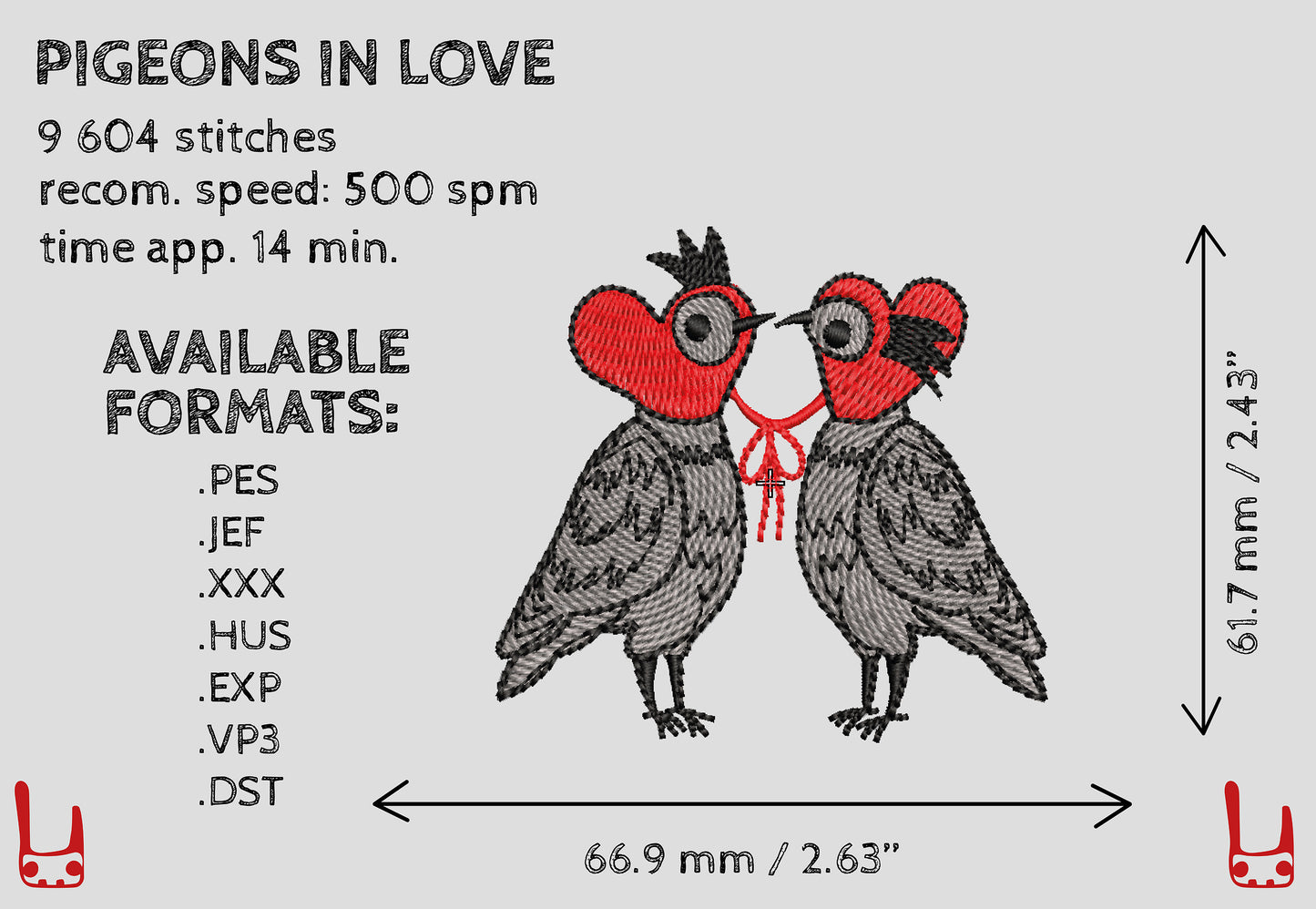 Embroidery design of two pigeons in love with text and measurements on a gray background