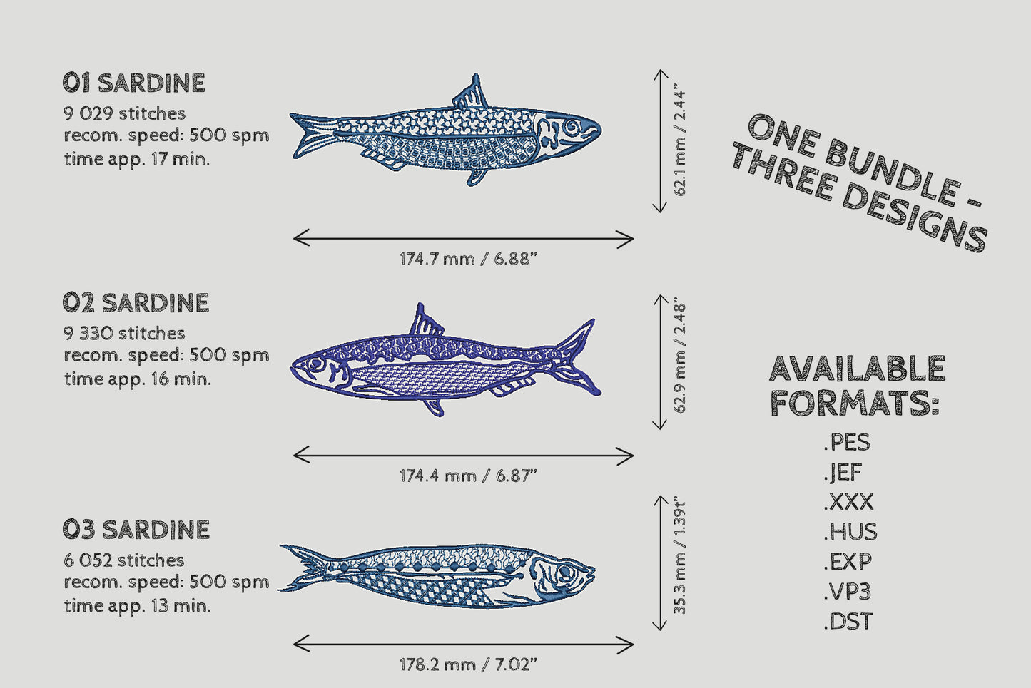 Technical specifications for a fish design with stitch counts and dimensions on a gray background.
