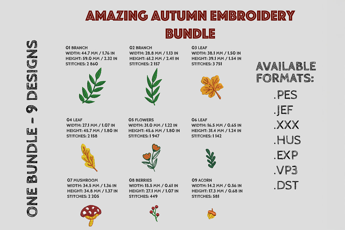 Promotional graphic for an embroidery design bundle featuring autumn elements.