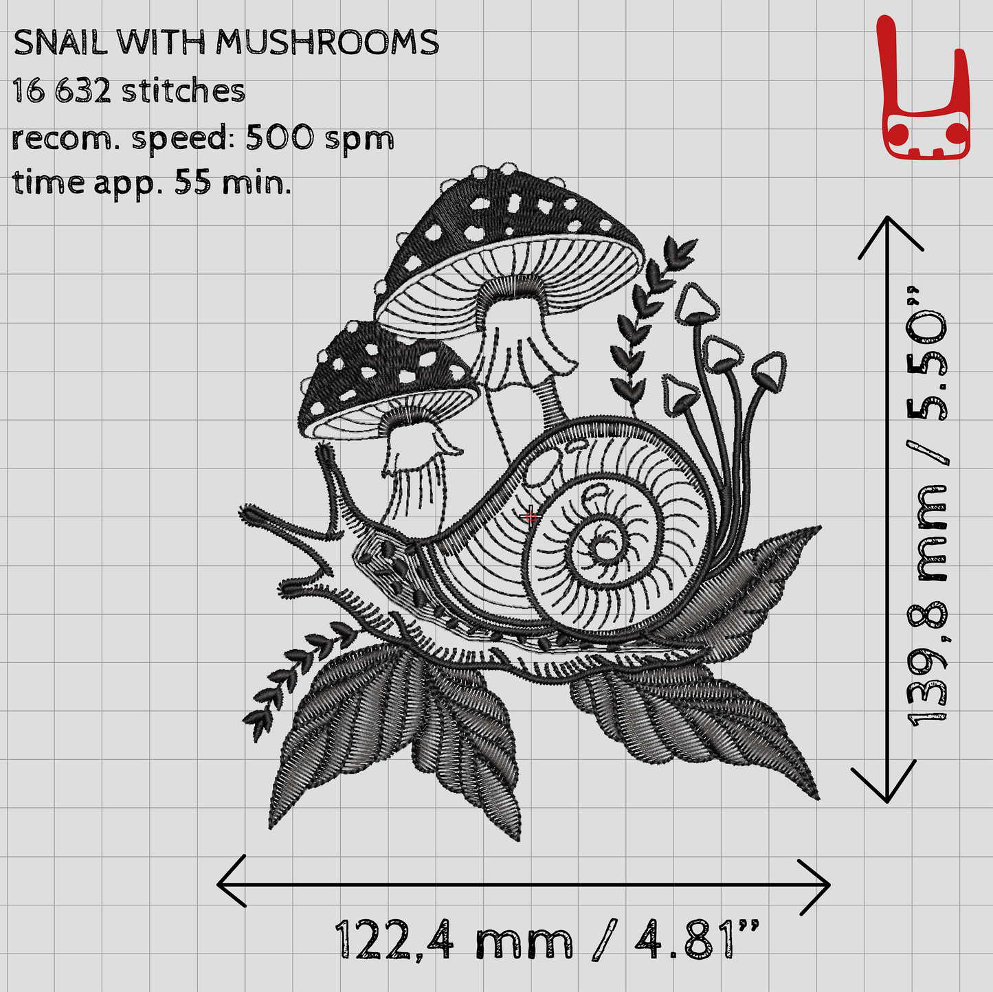 Snail with mushrooms machine embroidery design